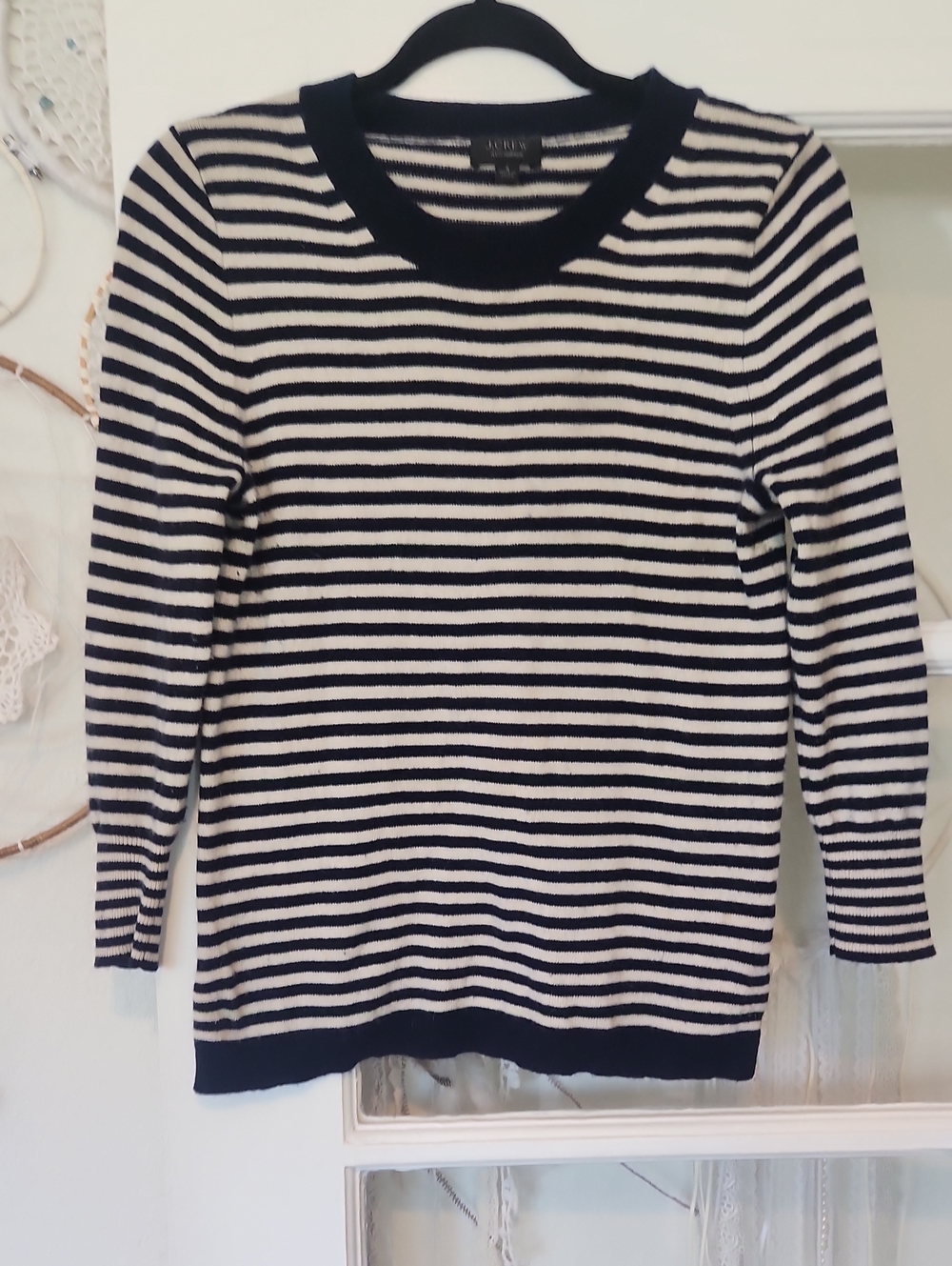 J. Crew Striped 100% Cashmere Crewneck Sweater in Navy and Cream
